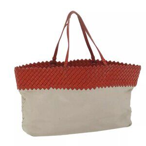 Bottega Veneta Red Woven Leather and Ivory Taupe Leather Tote Bag